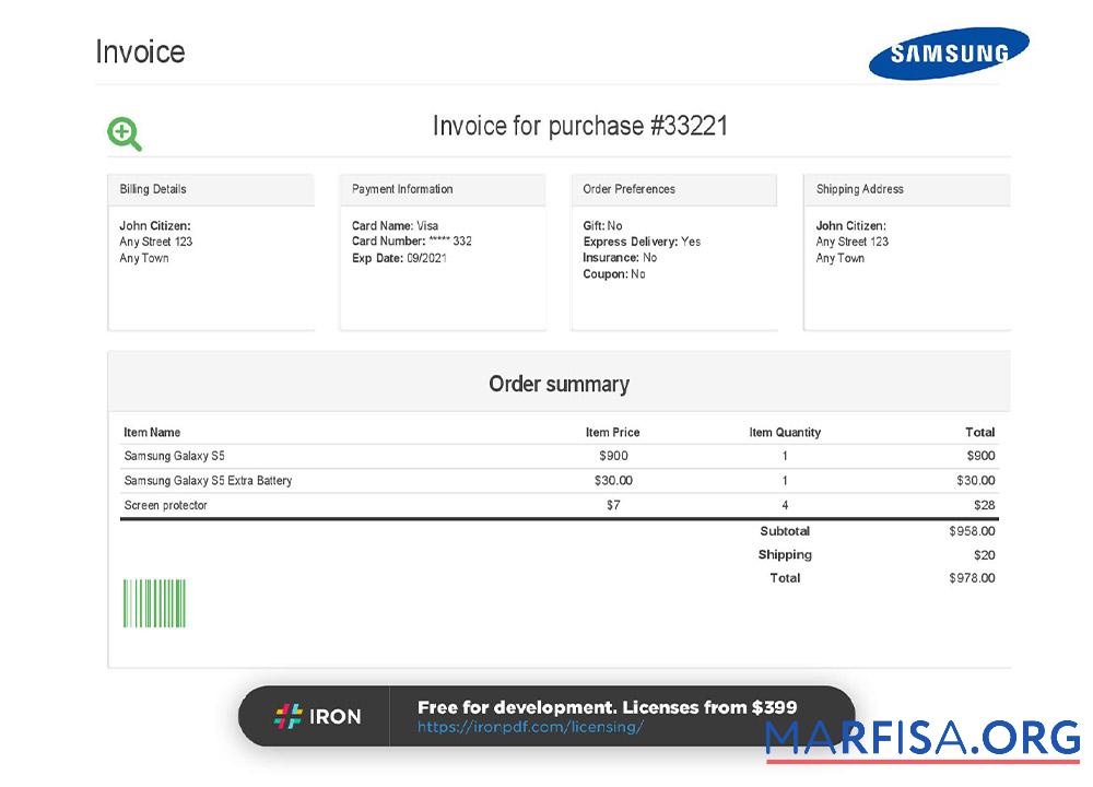 Downloadable USA Samsung invoice sample